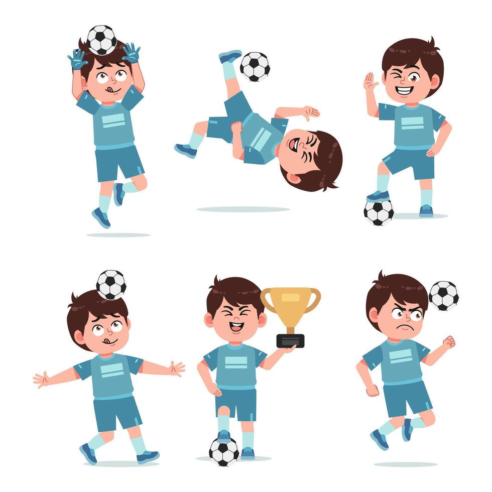 Cute Boy Cartoon Character Playing Football different pose vector