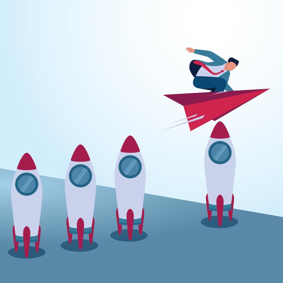 A man rides a paper plane while another rocket does not fly. A metaphorical illustration of being different from others, unique and having initiative. vector
