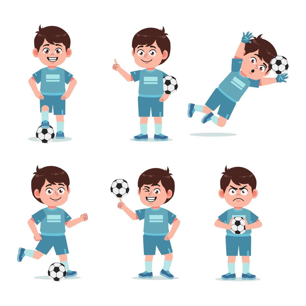 Cute Boy Cartoon Character Playing Football set vector