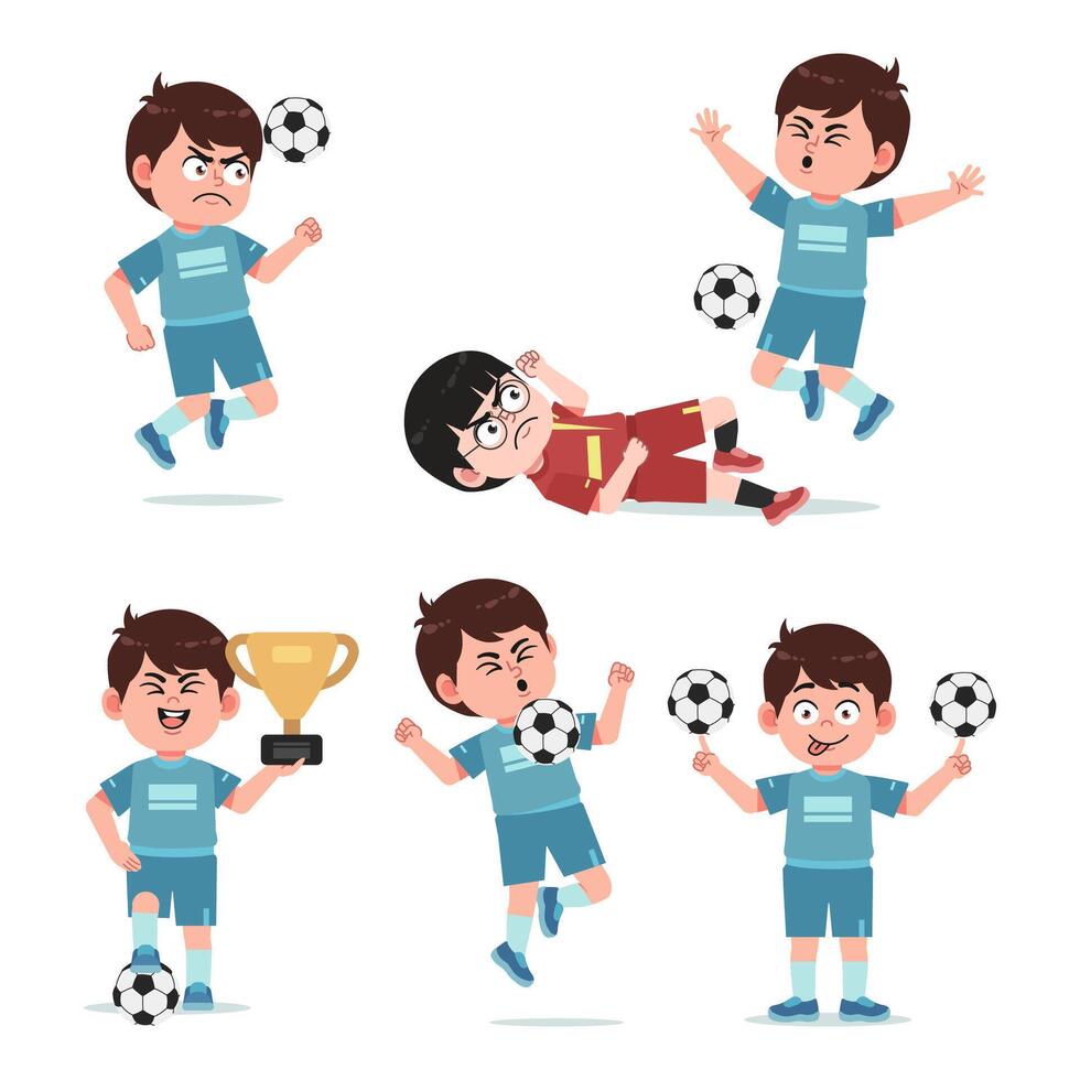 Boy Cartoon Character Playing Football set vector