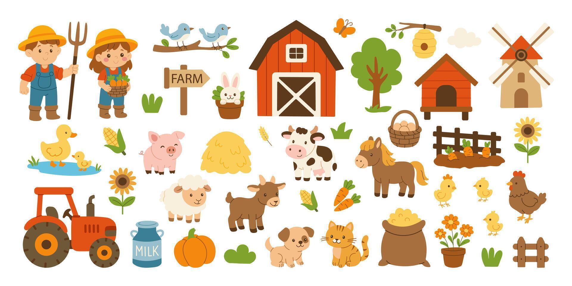 A farm scene with a sign that says Farm in the foreground. There are several farm animals, including a horse, a cow, and a chicken. A tractor is also present in the scene vector