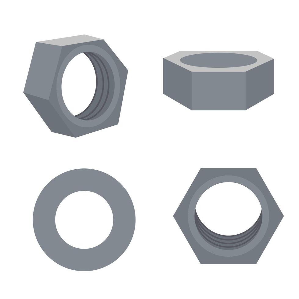 Set of metal washers and hex nuts in different angles, hand drawn flat illustration vector