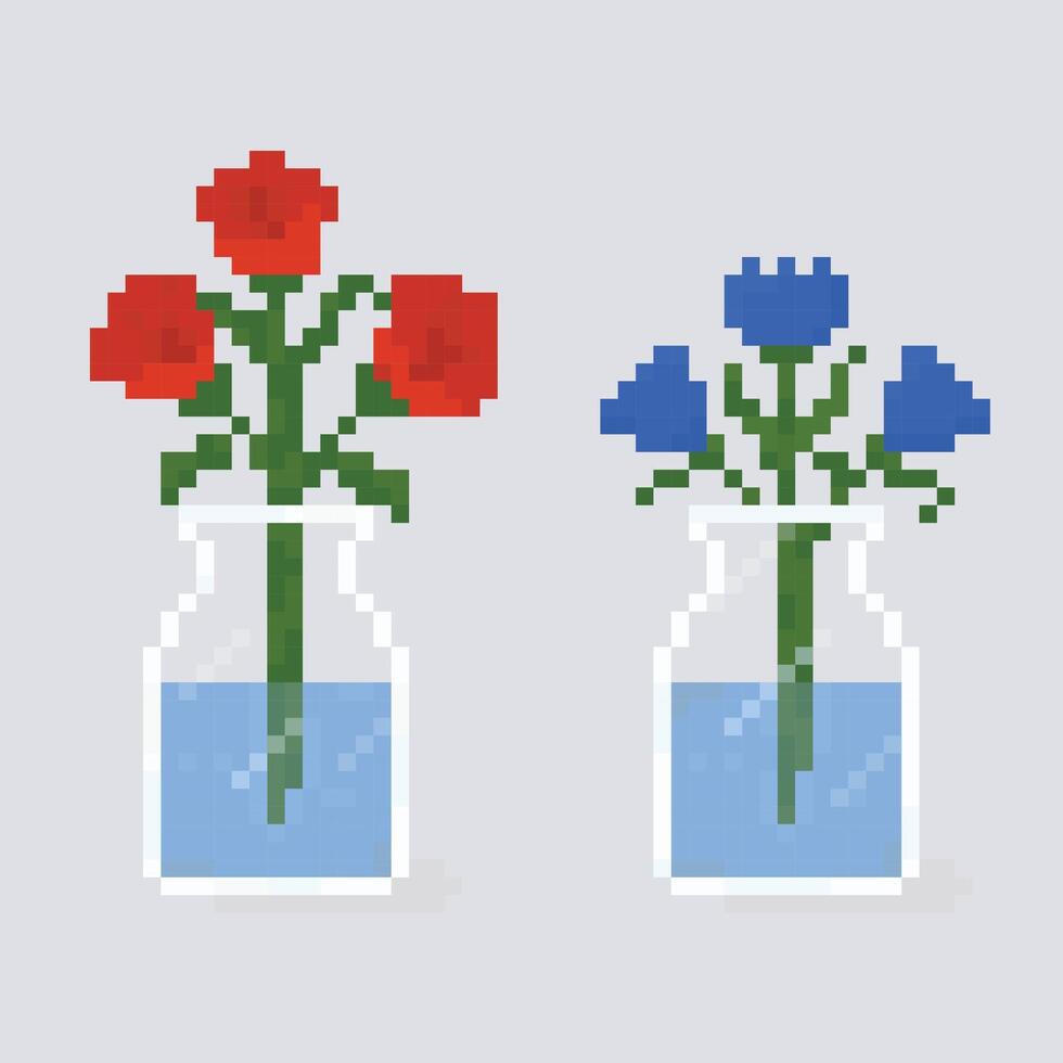 Pixel Art Red and Blue Flowers in Glass Vases with Water Perfect for Games Crafts or Decorative Digital Projects vector
