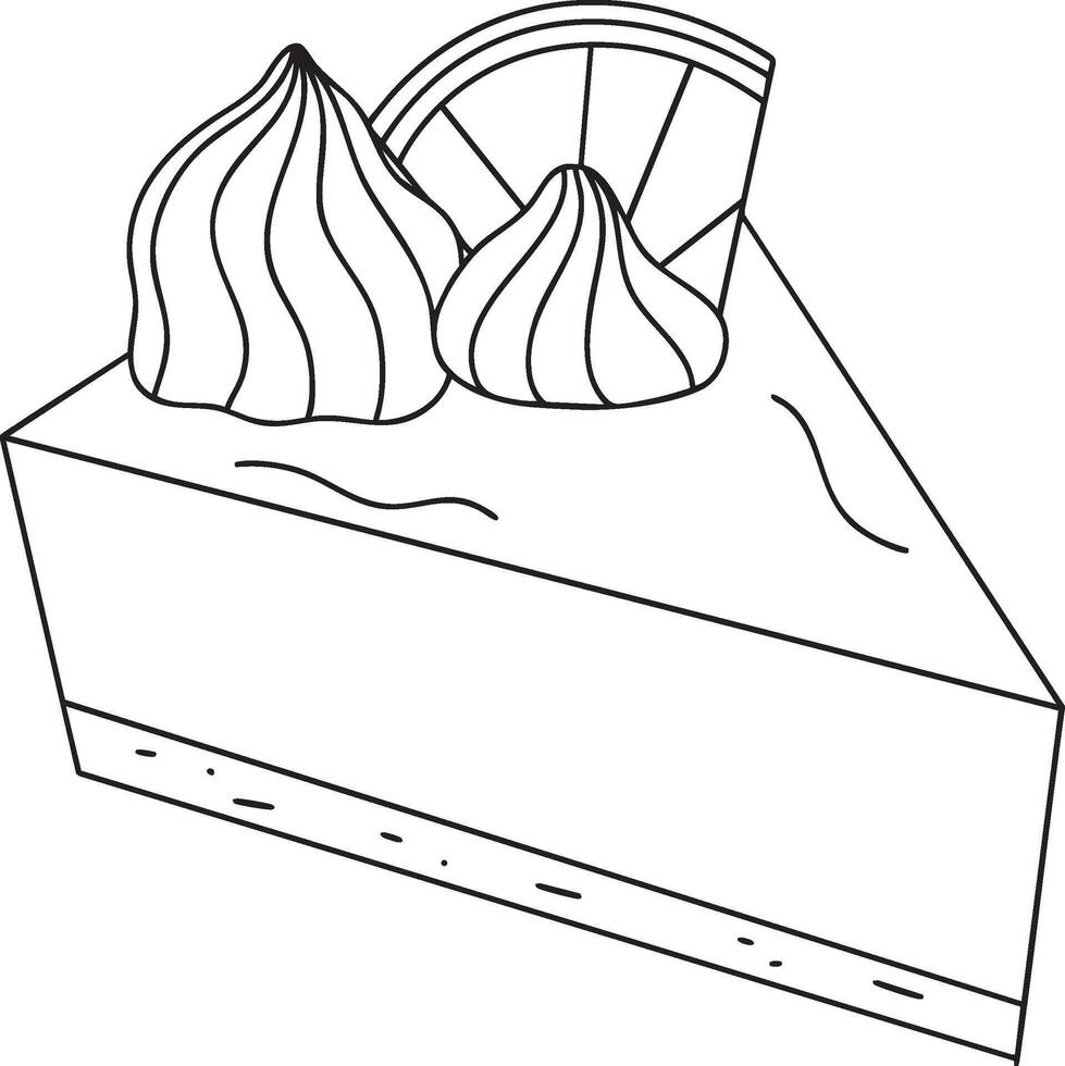 A simple line art drawing of a slice of cake with two dollops of cream or meringue on top and a citrus slice vector