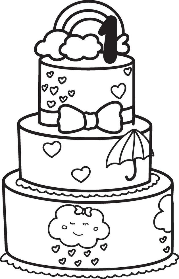 A line art illustration of a tiered birthday cake with cloud and rainbow decorations vector