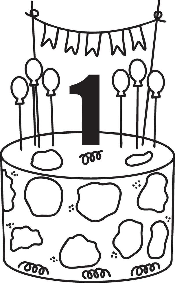 A line art illustration of a birthday cake decorated with 1 candle and various circular patterns vector