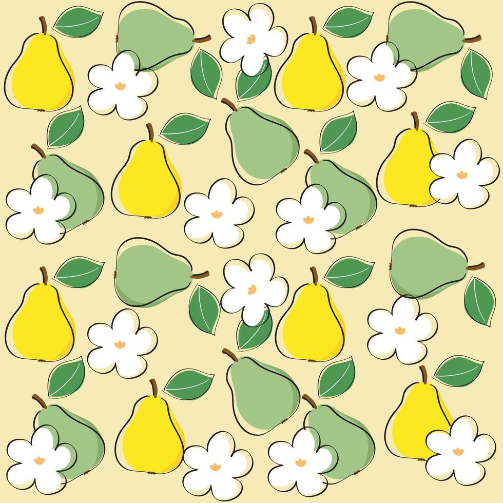 Seamless pattern with pears and white flowers on yellow background vector
