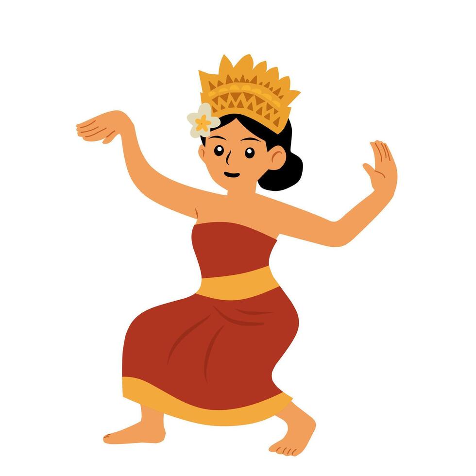 illustration of a traditional Balinese dancer in red costume with golden crown, performing a classical dance pose. Cultural character design, perfect for Indonesian heritage themes vector