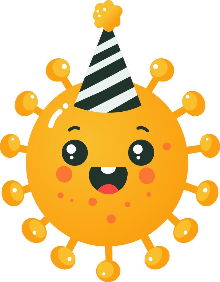 Cute orange virus cartoon character wearing a party hat and smiling cheerfully. Great for fun medical graphics, children health themes, or virus-themed celebration designs vector