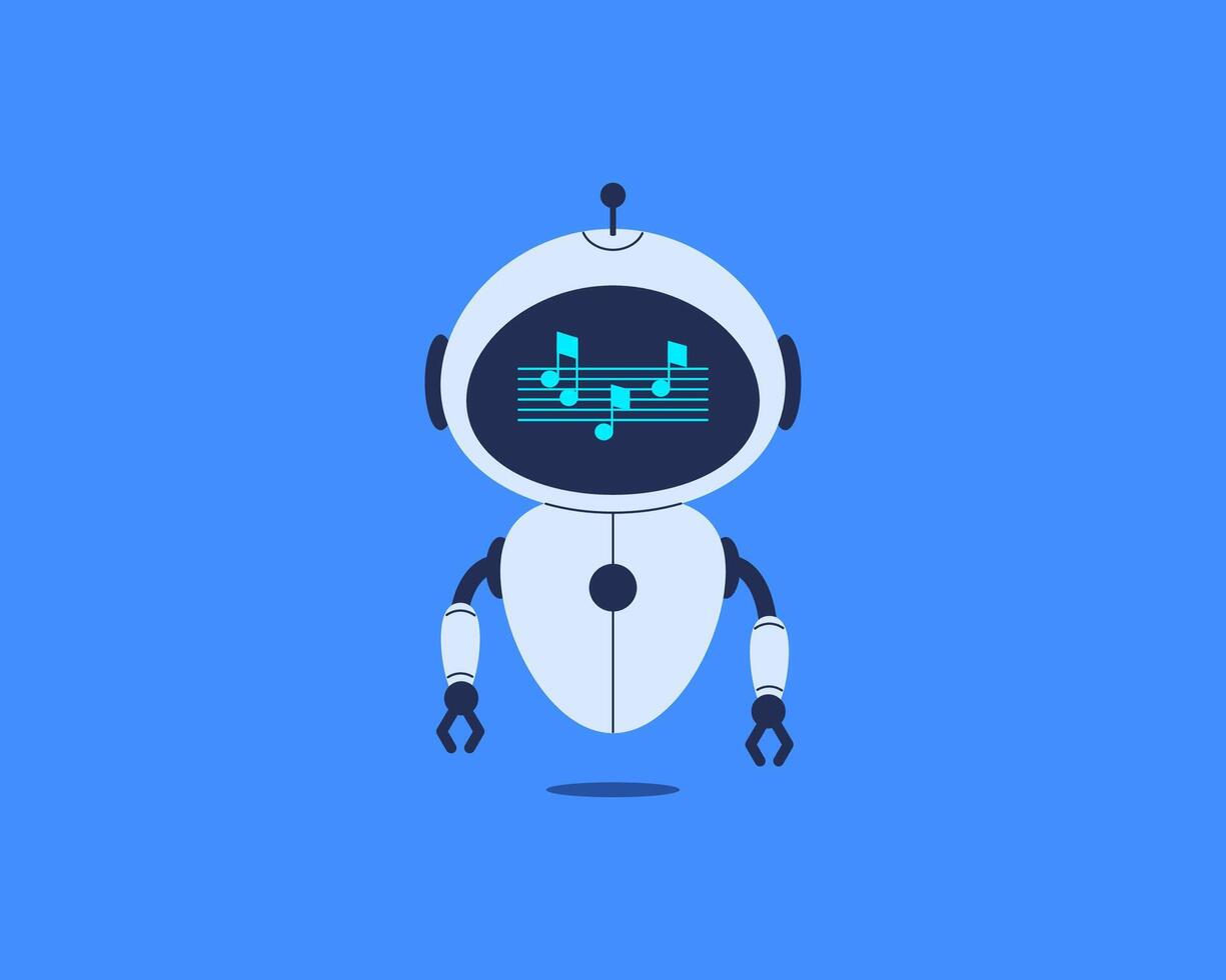 Robot with music notes and staff on screen. illustration for AI, music technology, chatbot interface and creative sound design concepts vector