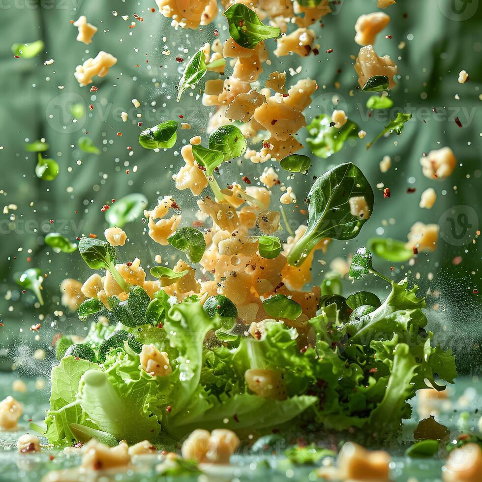 A salad is being tossed in the air, with pieces of lettuce photo