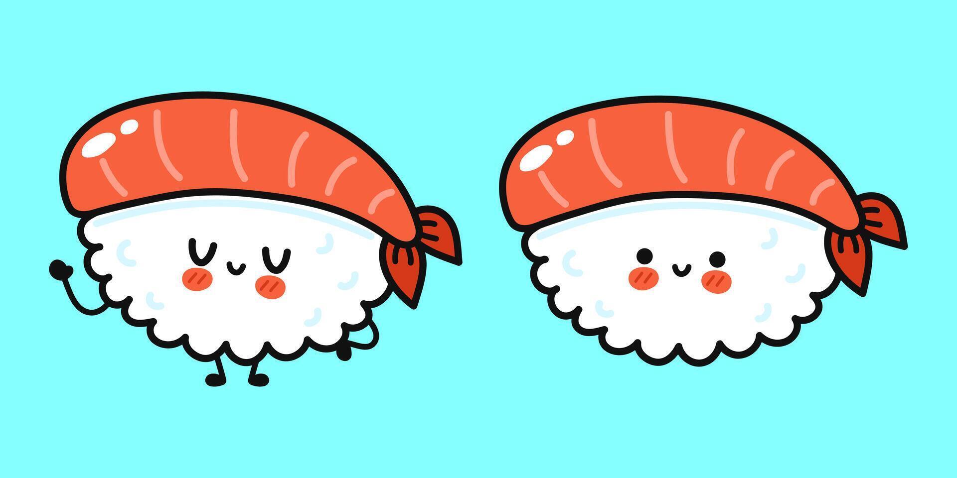 Two happy sushi characters with cute expressions stand on a blue background, perfect for food-related content. vector