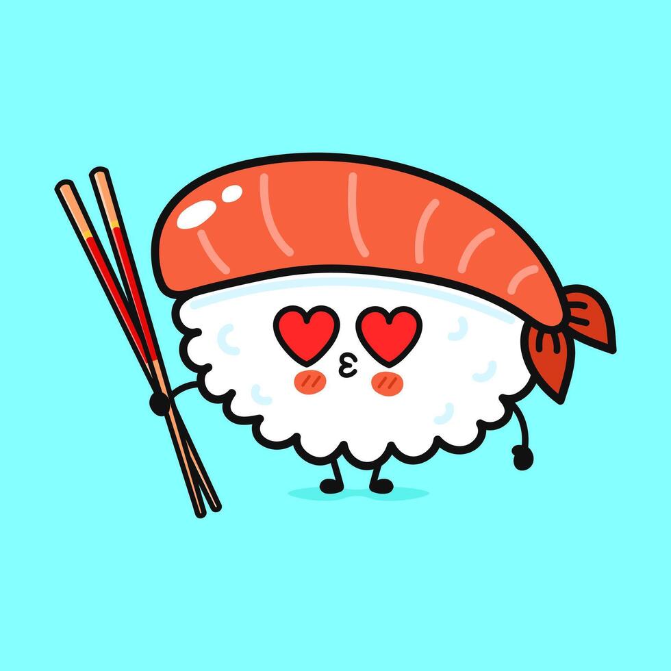 A cute cartoon sushi character is holding chopsticks with heart eyes, showing love or affection, on a light blue background. vector