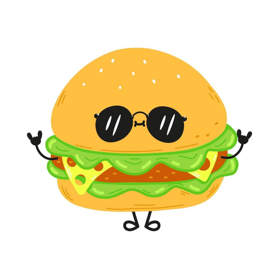 This amusing cartoon burger, sporting sunglasses, is throwing a rock-on hand sign with a delightful smile. vector
