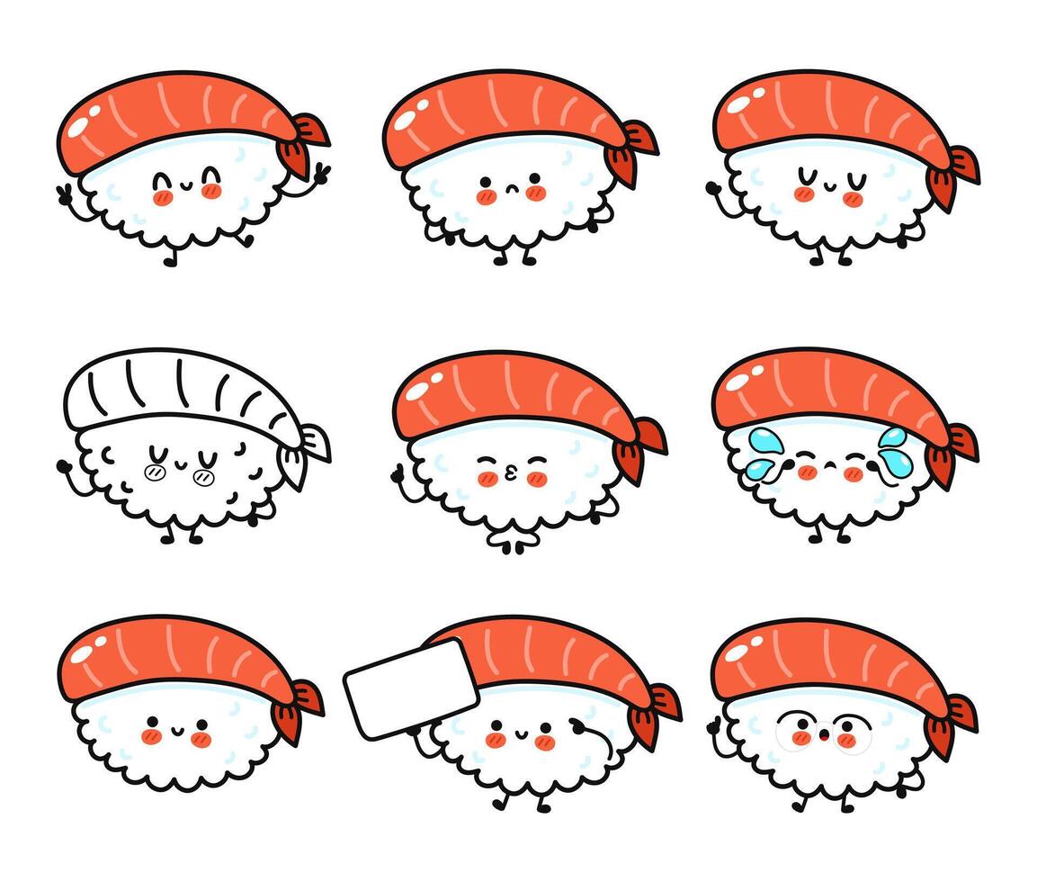 Playful illustrations of sushi with different expressions, perfect for children s books and food blogs. vector