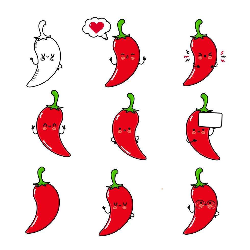 Nine cute, expressive, cartoon chili peppers on white background, showing different emotions. vector