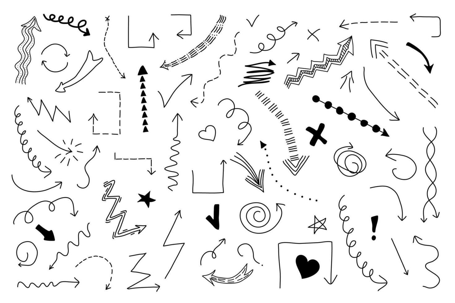 Hand-drawn doodle arrows collection. Sketchy arrows, swirls, lines, hearts, and symbols. Fun, playful style for infographics, presentations, planners, and creative design. Illustration. vector