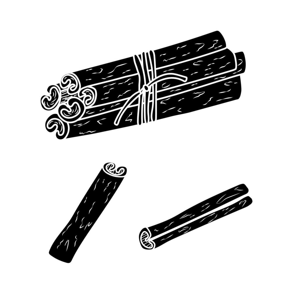Cinnamon sticks black silhouette. Hand-drawn bundle and pieces of cinnamon. Spice illustration for cooking, packaging, kitchen decor, and food design. Drawing in vintage engraved style. vector