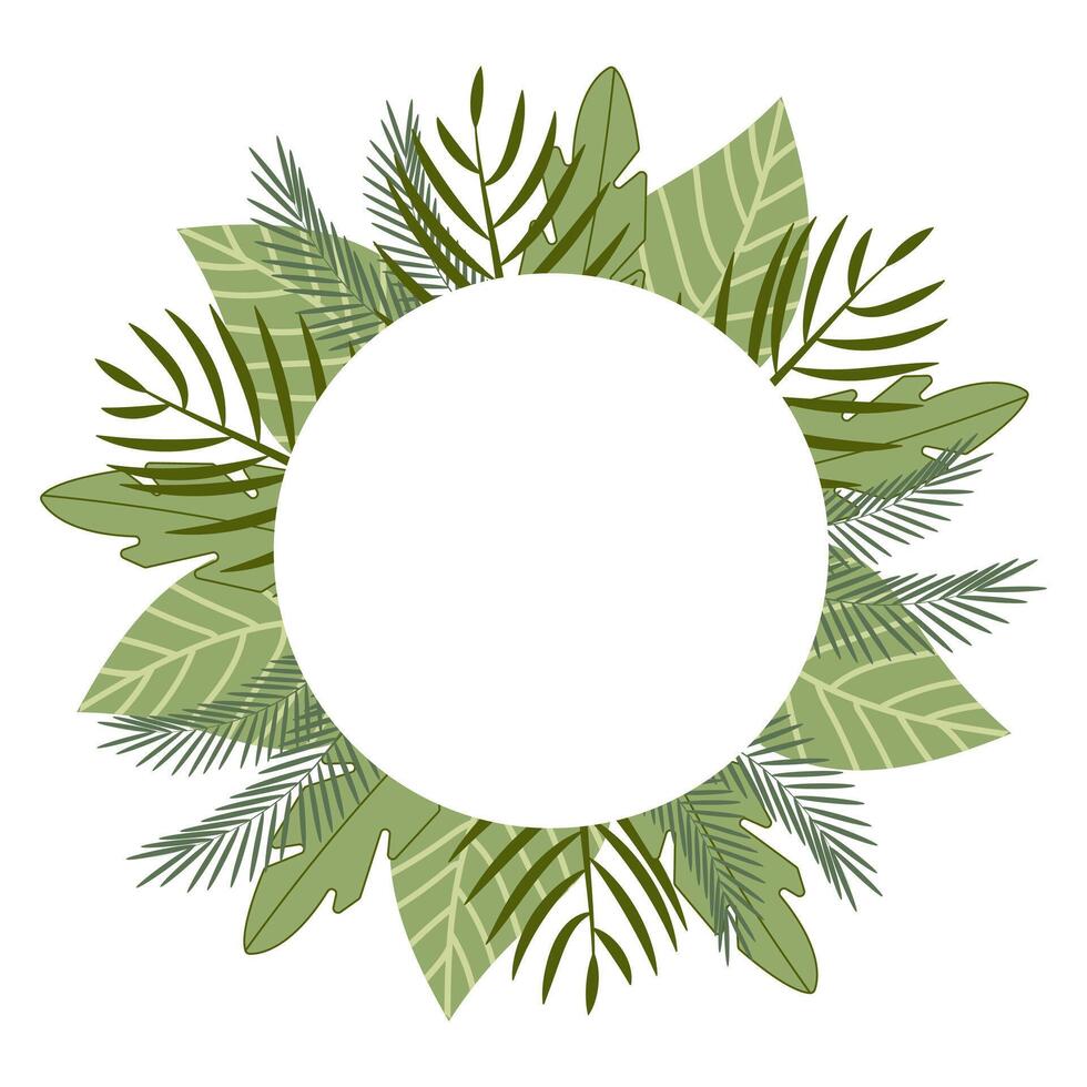 A circular text frame crafted from lush green branches and leaves. A stylish botanical wreath, ideal for invitations, greeting cards, branding, and nature-inspired designs. vector