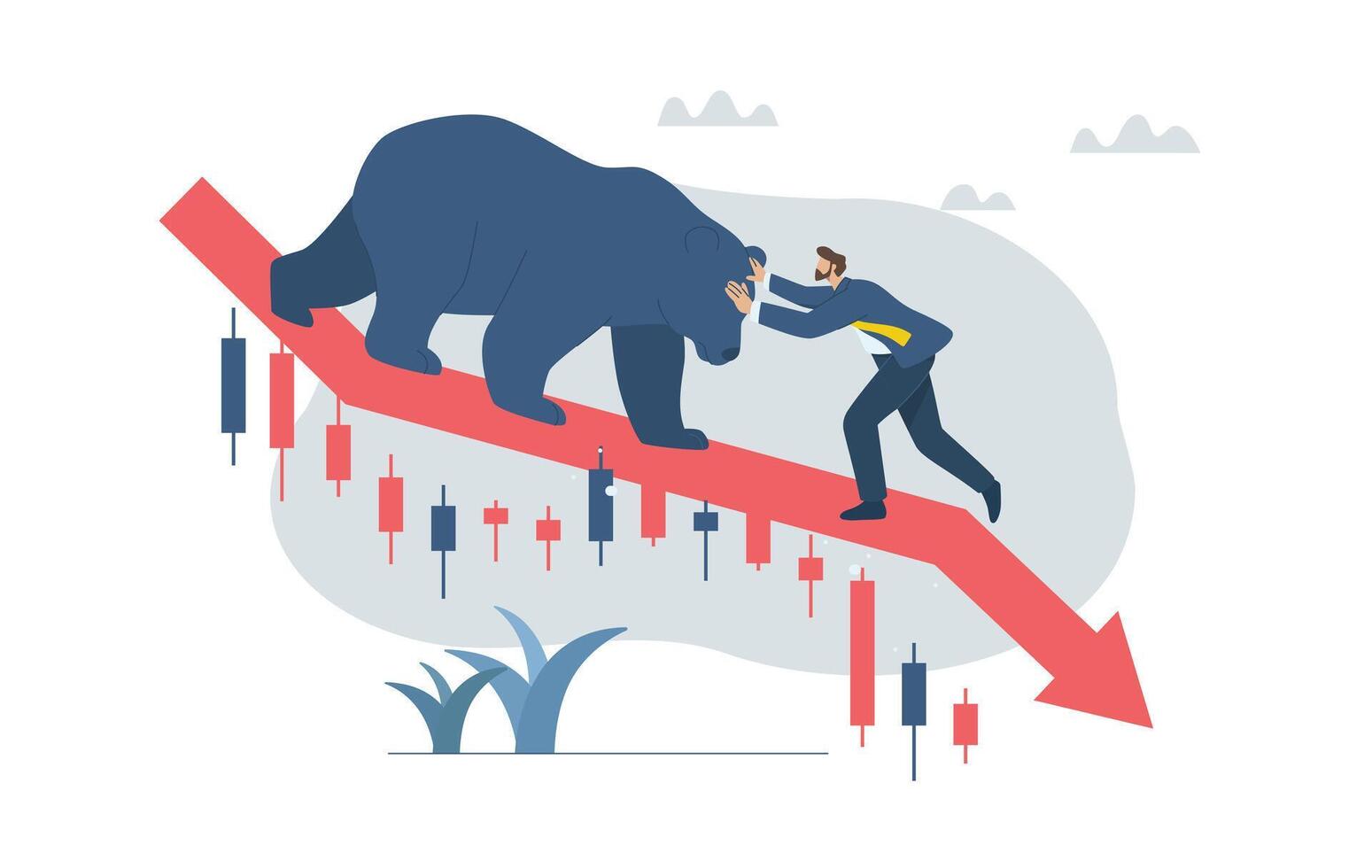 Stock or financial market prices are falling sharply, Bear market is down, Investment crisis or stock market crash, Business or economic recession, Businessman is fighting with bear market. vector