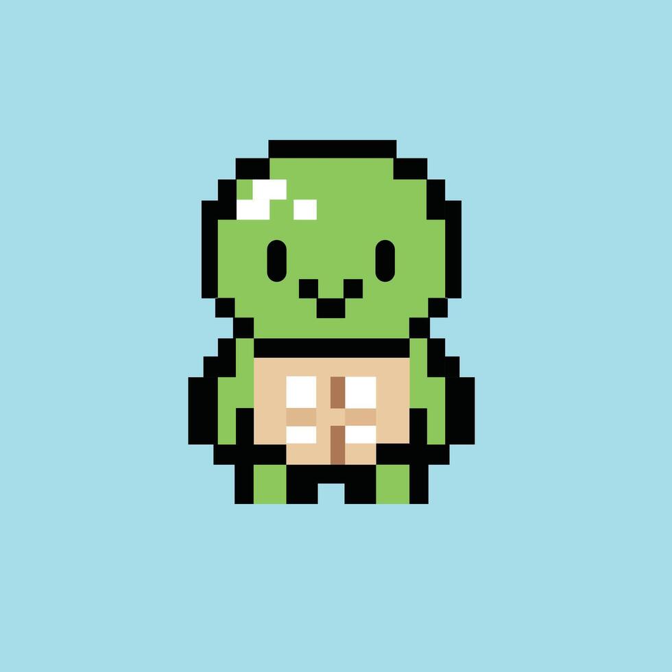 A pixel art illustration of a cute green turtle standing with a smiling face vector