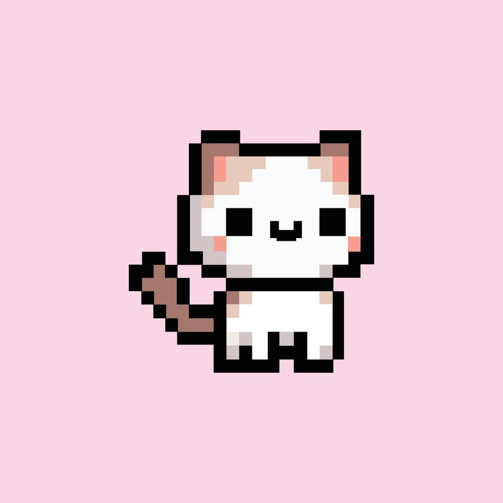 A cute pixel art illustration of a smiling white cat with a pastel pink background vector