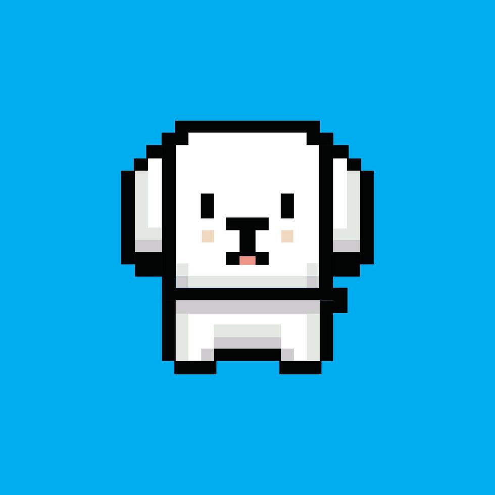 A pixel art illustration of a cute white dog with floppy ears standing on a bright blue background vector