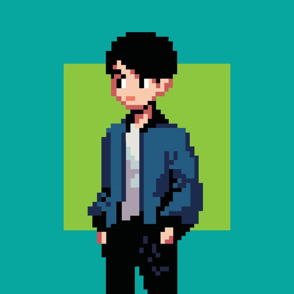 A pixel art illustration of a stylish young man in a blue jacket standing confidently against a vibrant geometric background vector