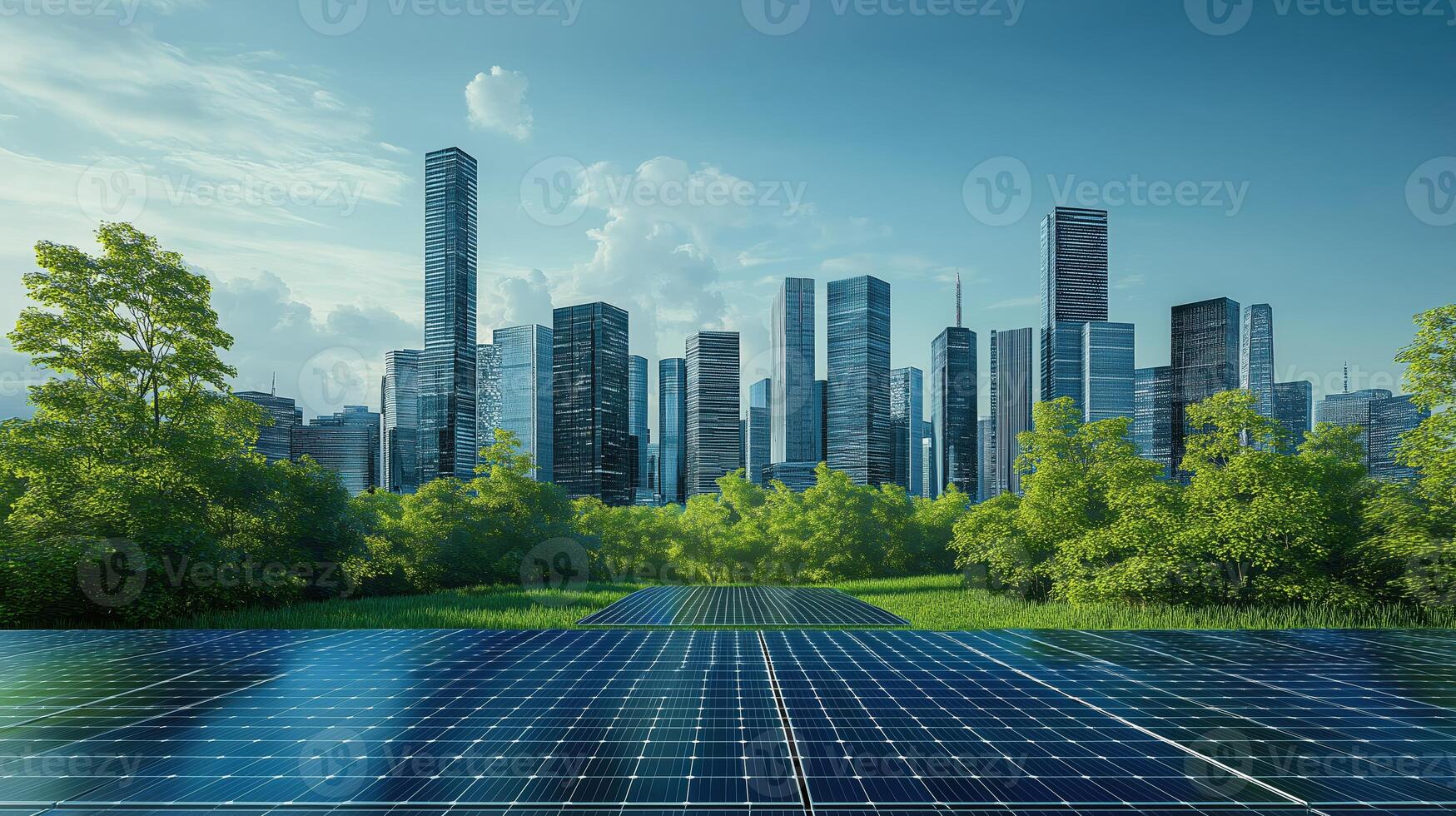 Urban Greenery and Solar Panels Defining a High-Tech City photo
