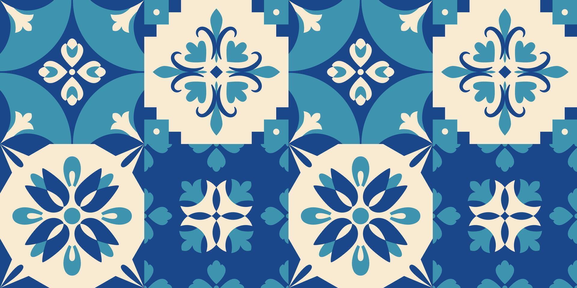 Blue tiles Mediterranean seamless pattern. Victorian royal ornament. Abstract geometric floral background, banner, cover, flyer. Italian, Portuguese, Moroccan mosaic. Damask. illustration. vector