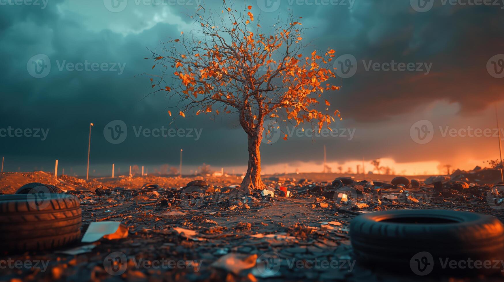 Dramatic Skies Over Withered Tree in Abandoned Terrain photo