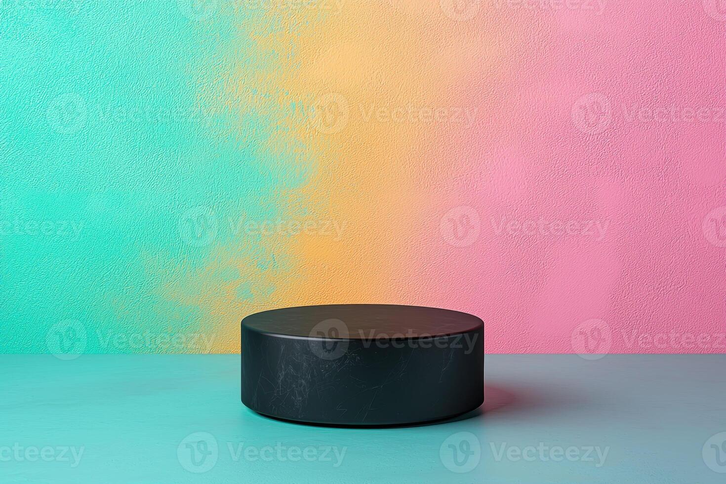 sleek black circular platform rests against vibrant gradient wall of teal and pink, creating striking visual contrast that enhances any display photo