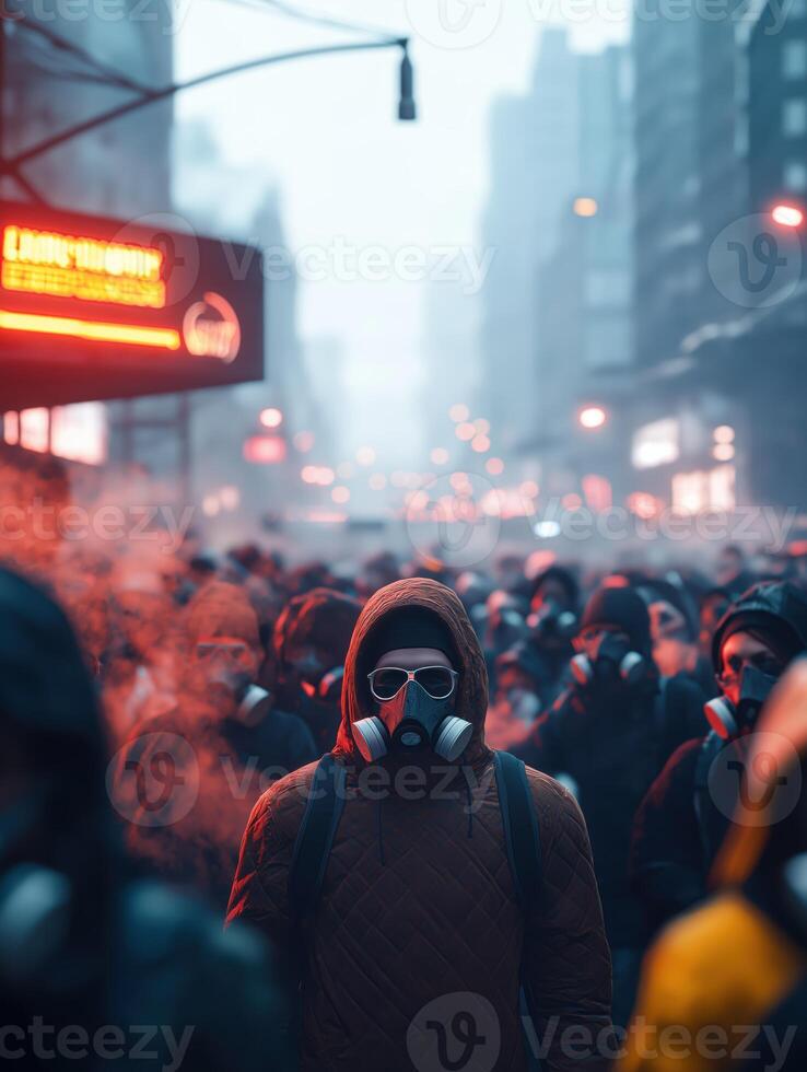 People Navigating a Smoggy Metropolis with Protective Masks photo