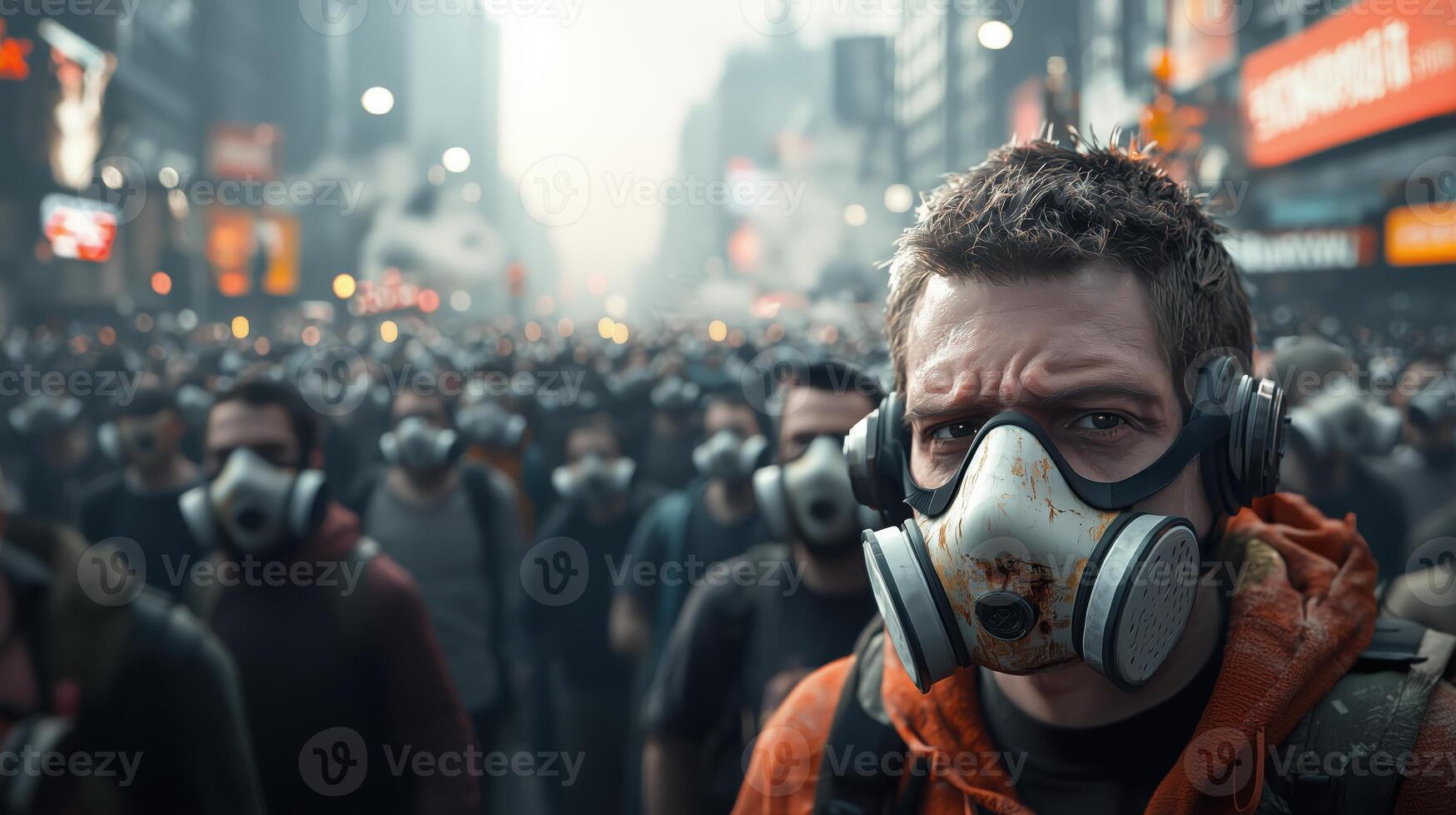Smog-Gray Atmosphere Overcrowded with Masked City Dwellers photo