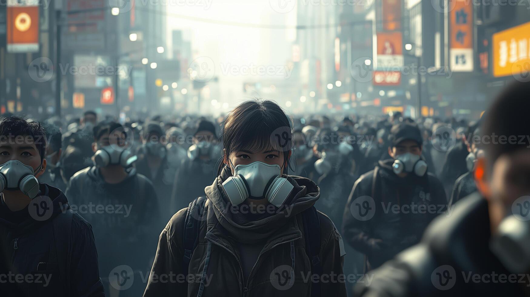 Struggle for Breath in a Neon-Lit, Smog-Filled Metropolis photo