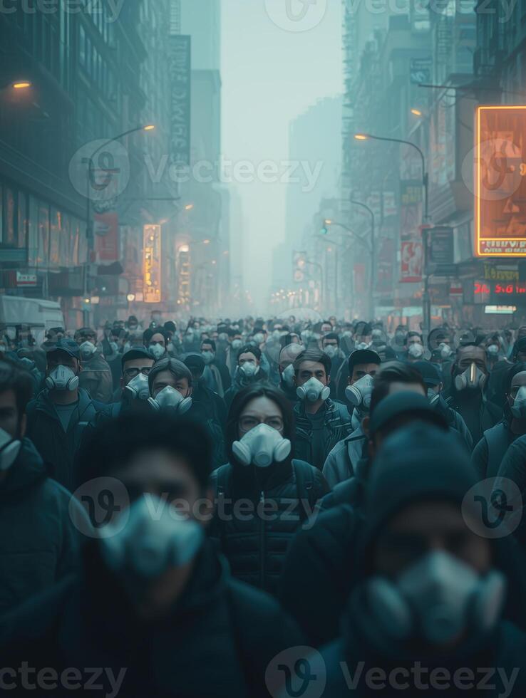 Crowd Wearing Air Masks Amidst Congested Metropolis photo