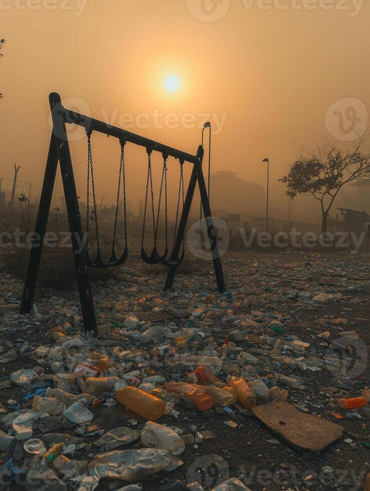 Environmental Decline at Deserted Playground Surrounded by Waste photo