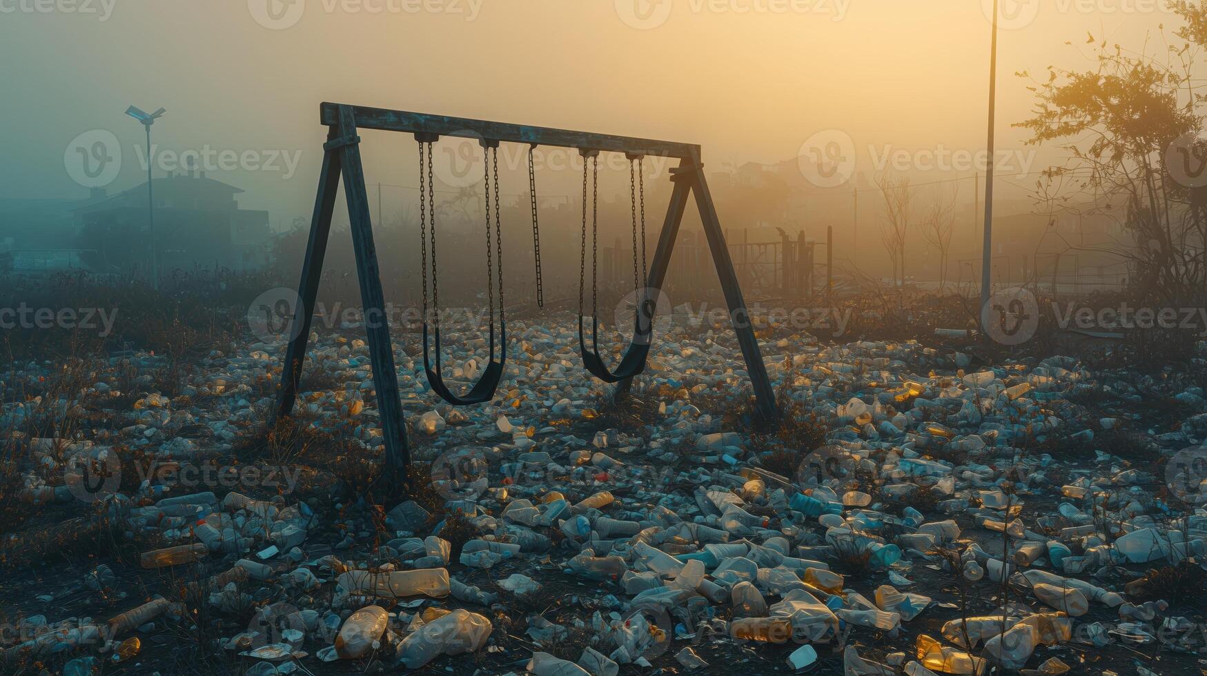 Smog-Filled Sky Over Neglected Plastic-Ridden Play Area photo