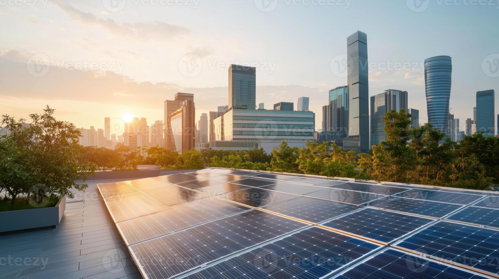 Futuristic Green Cityscape Featuring Skyscrapers and Solar Panels photo