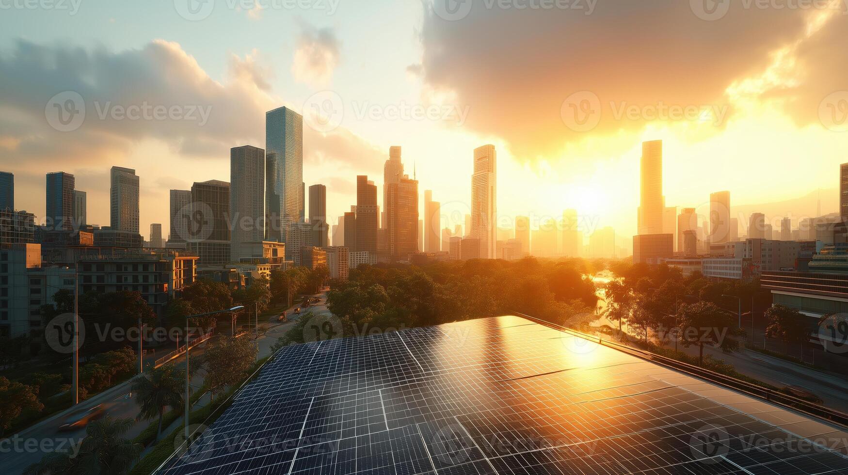 Modern City Design Featuring Skyscrapers and Clean Energy Solutions photo