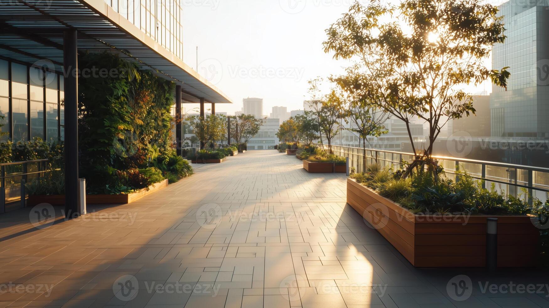 Urban Oasis of Rooftop Gardens Bathed in Warm Sunlight photo