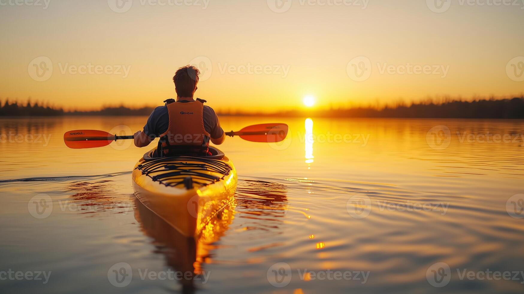 Springtime Adventure with Man Paddling on Still Waters photo