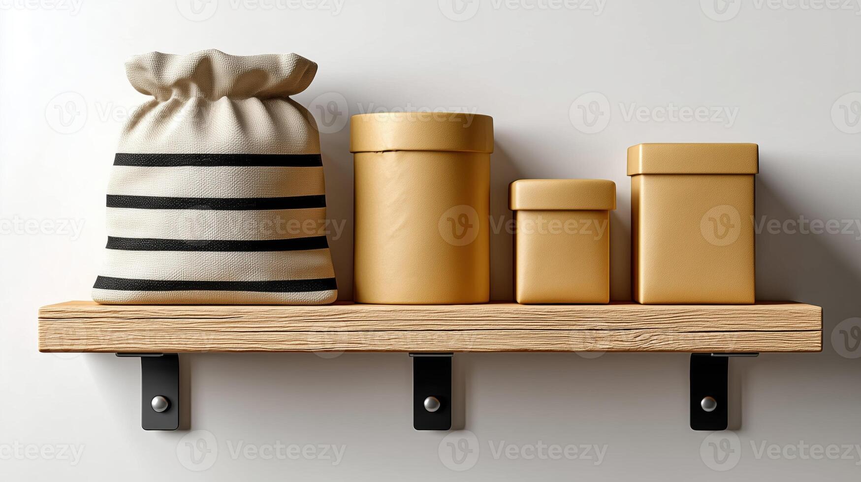 Stylish storage options on wooden shelf include striped bag and golden containers perfect for retail and wholesale exchange photo