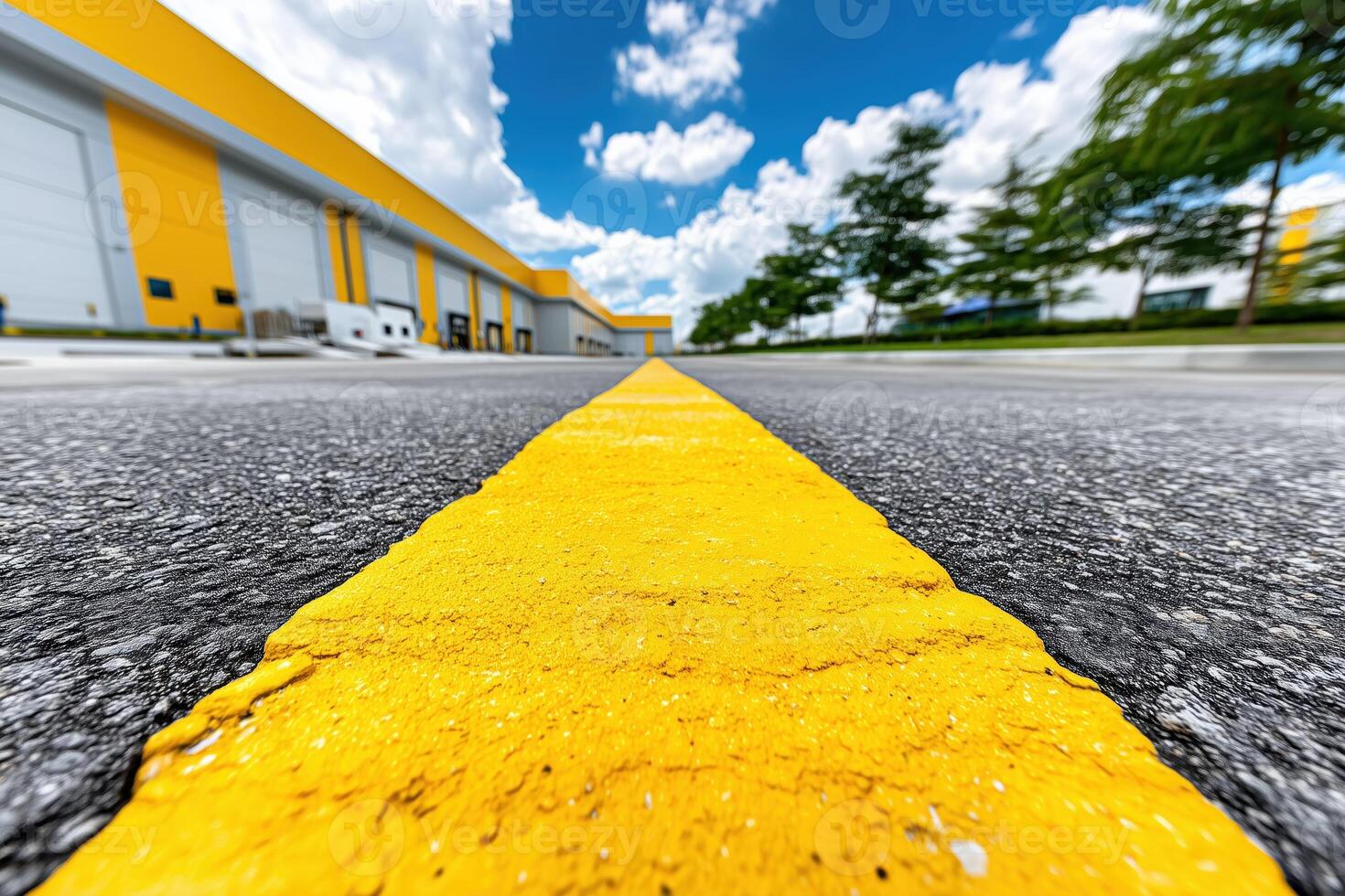 vibrant yellow line guides viewer eye along smooth asphalt surface in logistics area, showcasing importance of supply chain and import operations photo