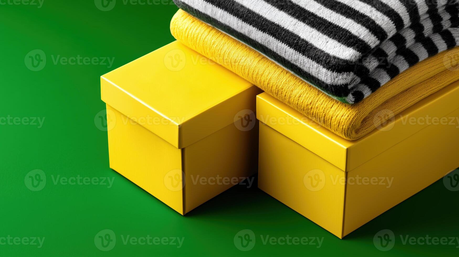 Bright yellow boxes stacked with cozy striped and solid blankets create vibrant retail display perfect for wholesale exchange photo