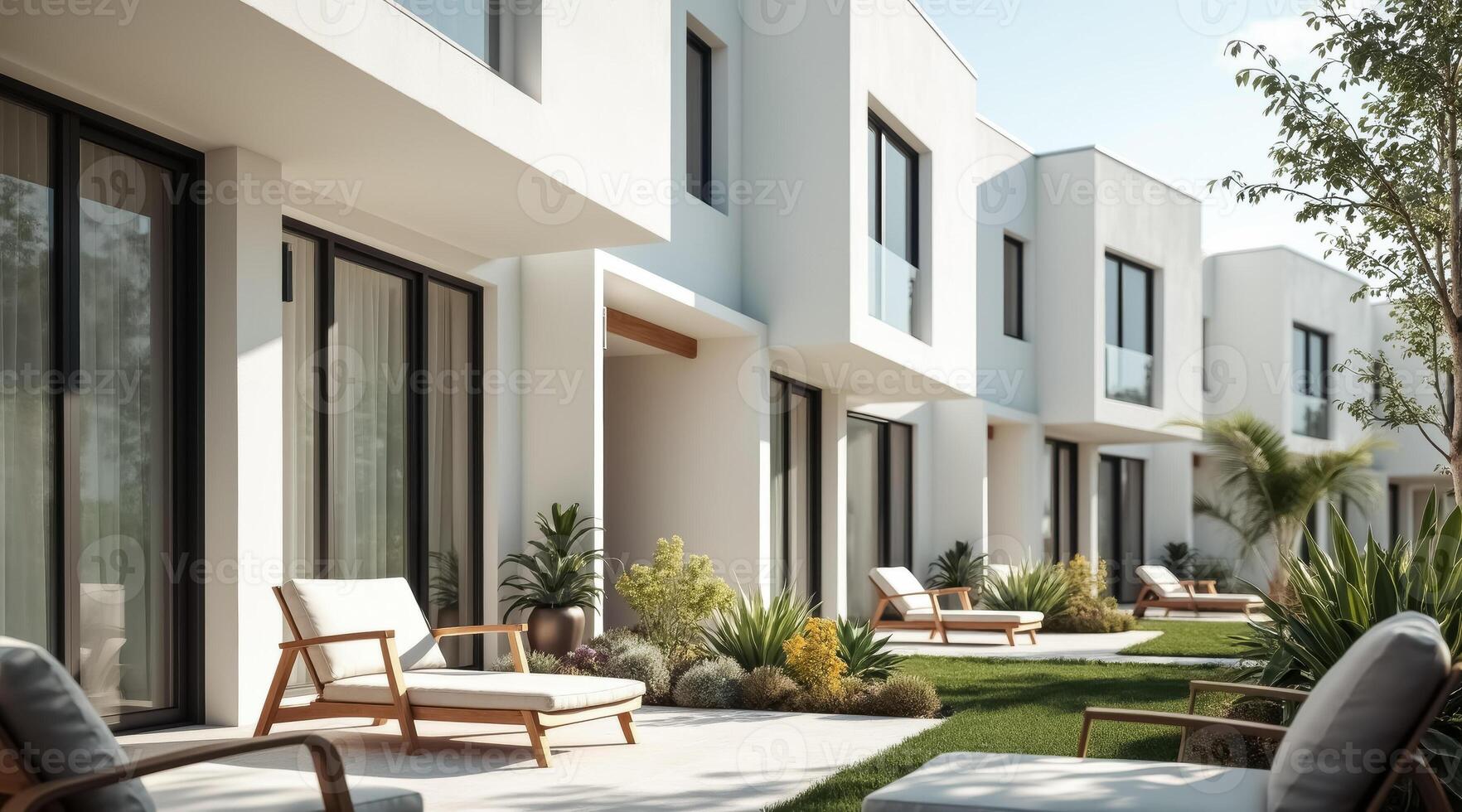 sunlit modern houses with wooden lounge chairs and lush landscaping photo