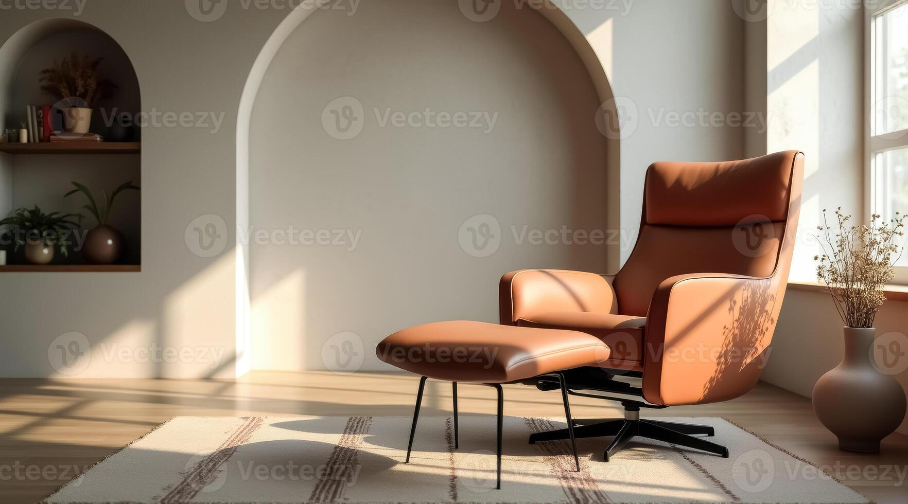 relaxing burnt- leather recliner and ottoman in a sunlit living room photo