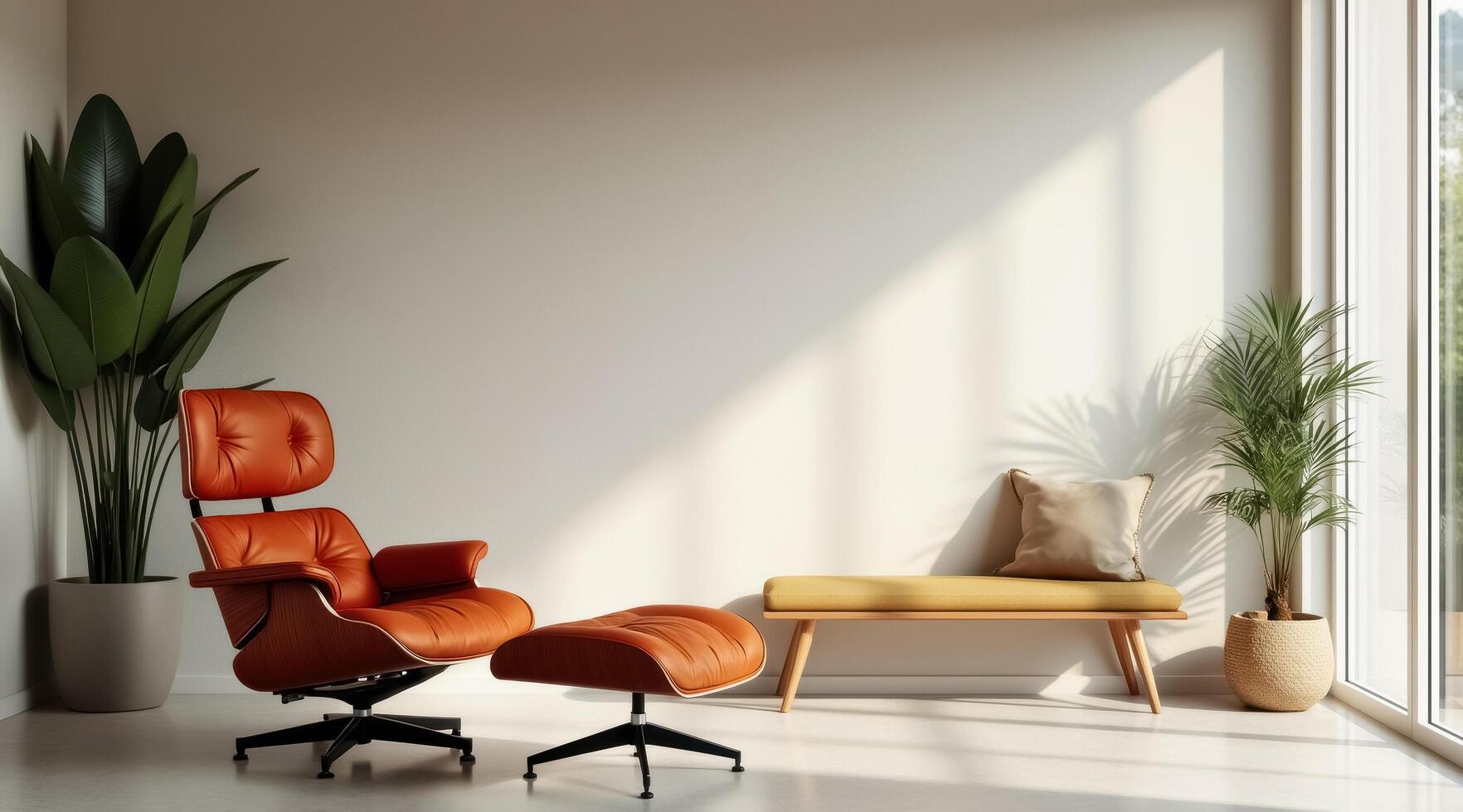 burnt leather armchair and ottoman in a modern living room n photo