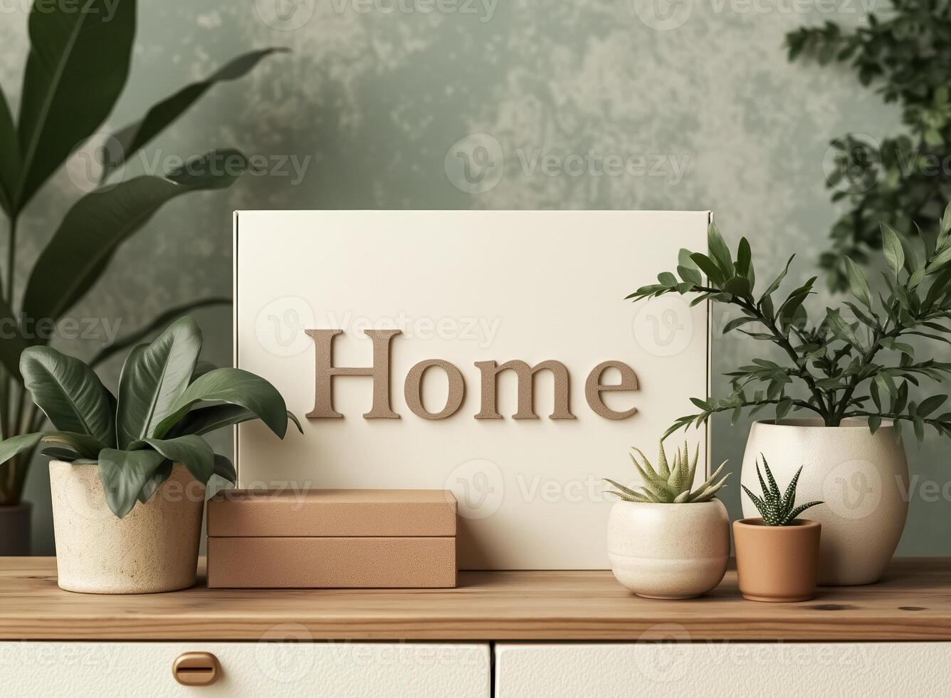 potted plants and home decor items arranged on a wooden surface photo