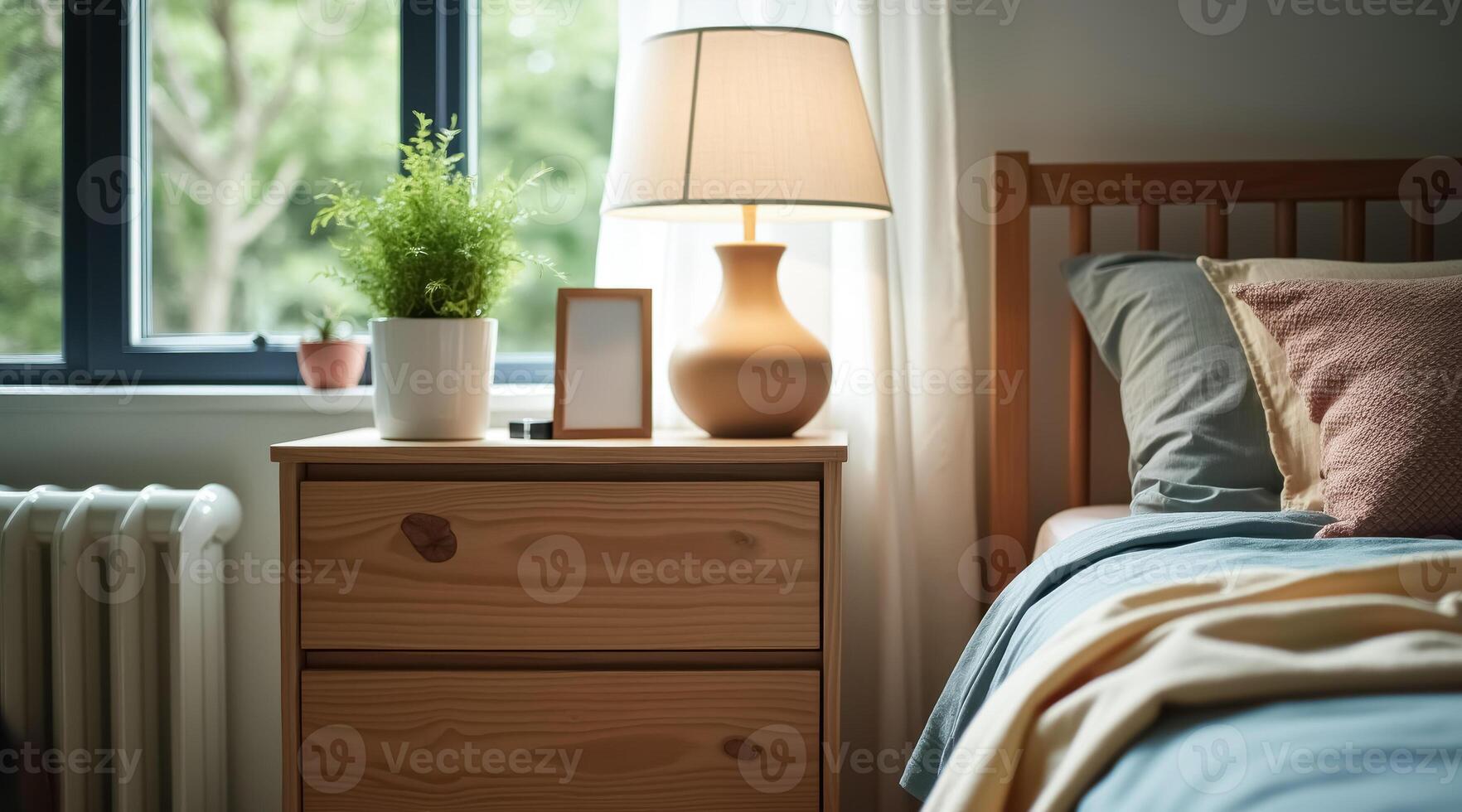 wooden bedside table with lamp and plant in a cozy bedroom photo